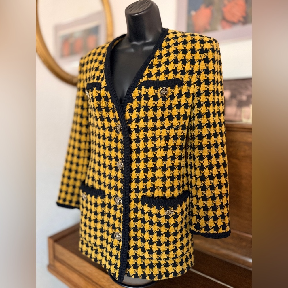 Yellow & Black Houndstooth Bouclé Blazer